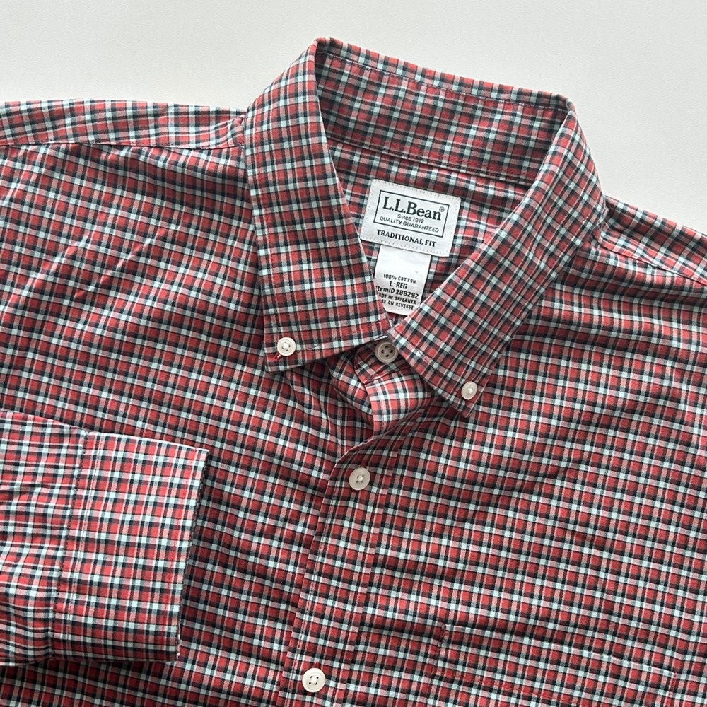 LL Bean Mens Large Traditional Fit Plaid Button Down Shirt Red Blue 288292